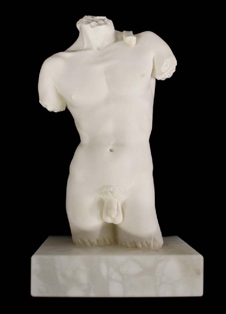 Marble Statue of Nude Male Torso on Alabaster Base: Marble Statue of Nude Male Torso on Alabaster Base, measures 9'' x 5''