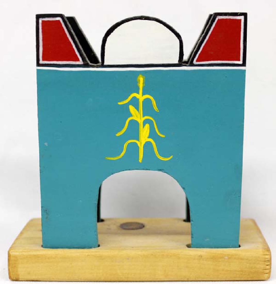 Jemez Pueblo Carved Wood Tableta Napkin Holder: 2002 Native American Jemez Pueblo Carved Wood Tableta Napkin Holder by M. Yepa, signed by artist and measures 4'' x 4.5'', cornstalk motif