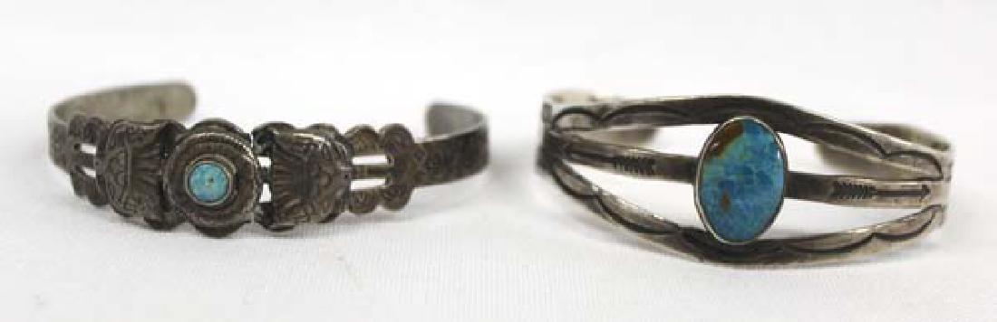 2 Vintage Navajo Route 66 Turquoise Bracelets: 2 Vintage Native American Navajo Route 66 Turquoise Bracelets, both are in need of repair, the larger one is stamped IH (Indian Handmade) and Coin Silver, the smaller thunderbird bracelet is not marke