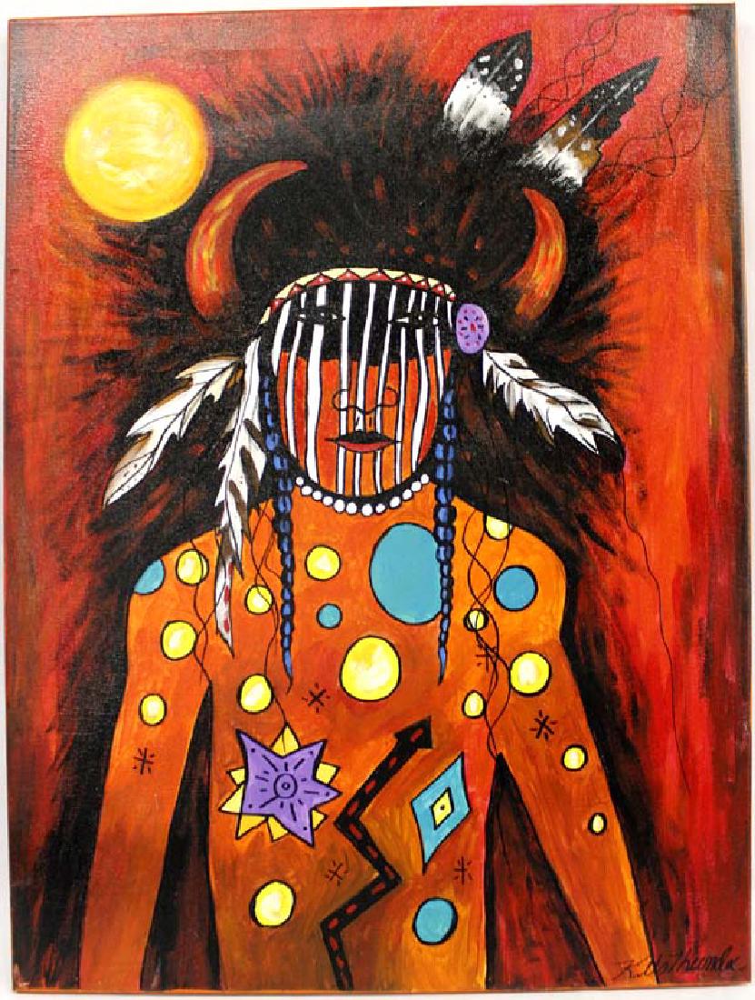 Original Acrylic Painting by Kathy Kills Thunder: Original Acrylic Painting ''Ahuitzotl'' (Watering Dog) by Kathy Kills Thunder, measures 18'' x 24'' and is signed by the artist, Artist Bio: Kathleen Kills Thunder (her legal name) was born in 1947 in