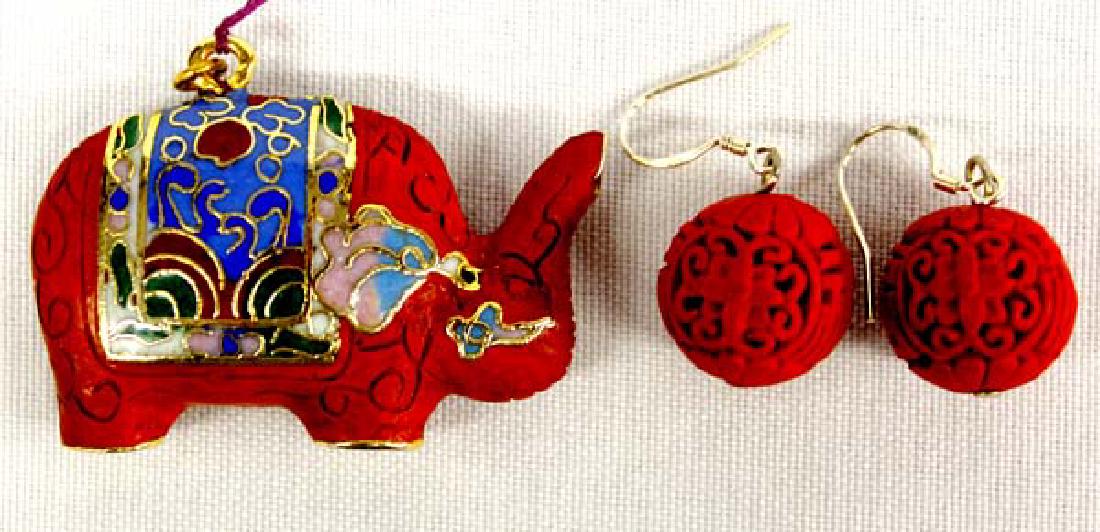 Cloisonne Elephant Pendant & Cinnabar Earrings (1 of 2)