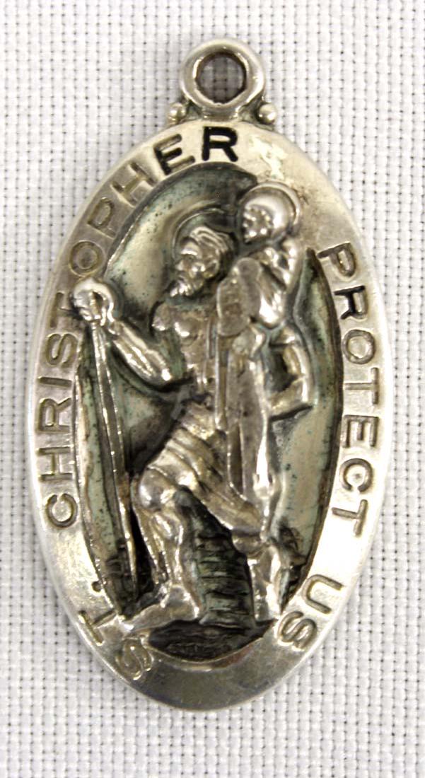 Sterling Silver St. Christopher Medal: Large Sterling Silver St. Christopher Medal, 13.44g in total wt., sterling pendant measures 1.5'', stamped ''Protect Us St. Christopher'' and ''M DE JEAN Sterling''