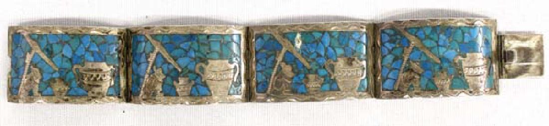 Mexican Sterling & Chip Inlay Turquoise Bracelet: Vintage Mexican Sterling & Chip Inlay Turquoise Bracelet, Siesta Man motif, hallmarked with maker's name however cannot discern artist, stamped sterling .925 Mexico, measures 7.5''L end to end x .5''W