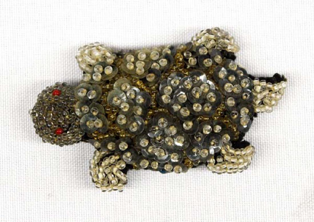 Antique English Sequin Bead Turtle Pincushion: Hummert Estate Antique English Sequined and Beaded Turtle Pincushion, measures 2.75''L x 1.75''W, purchased in 1992 in Albuquerque, New Mexico
