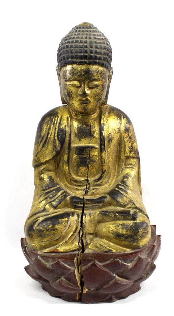 Vietnamese Carved Wood Buddha on Lotus Throne: Hummert Estate Vintage Vietnamese Carved Wood Buddha on Lotus Throne, measures 15''H x 8.5''W x 7.5''Deep, is cracked from chest down to throne in the front, gold gilt paint