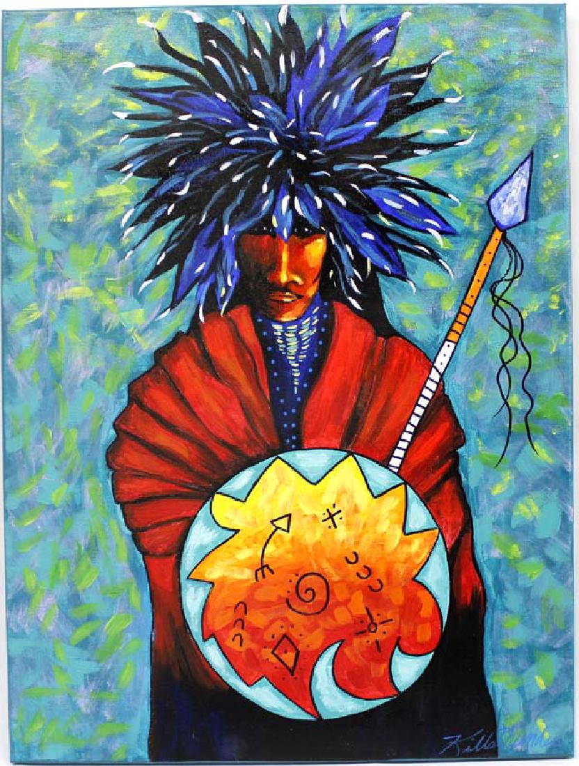 Original Acrylic Painting by Kathy Kills Thunder: Original Acrylic Painting ''Abooksigun'' Algonquian for Wildcat by Kathy Kills Thunder, signed by artist and measures 18'' x 24'', fabulous color scheme, Artist Bio: Kathleen Kills Thunder (her legal 