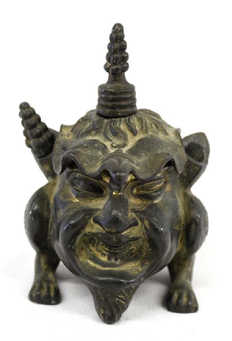 East Asian Cast Metal Incense Burner: East Asian Cast Metal Incense Burner, measures 4''H x 3.25''W x 3.5''D