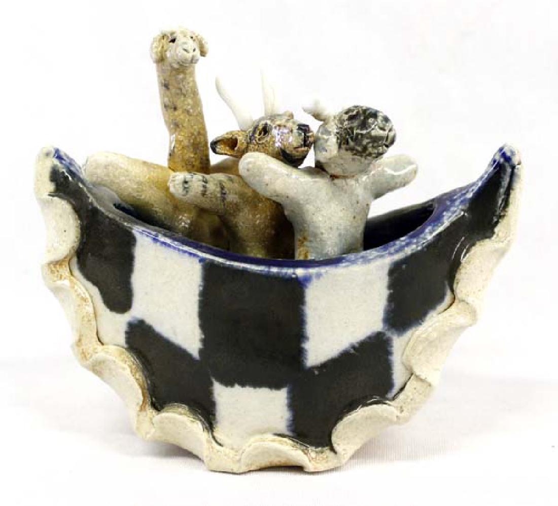 Ceramic Noah's Ark by Caroline Douglas: Hummert Estate Ceramic Noah's Ark by Caroline Douglas, signed by artist and measures 5.25''L x 4.75''H x 2.5''W, salt fired, Caroline has been working in clay for over 40 years, Sweet!