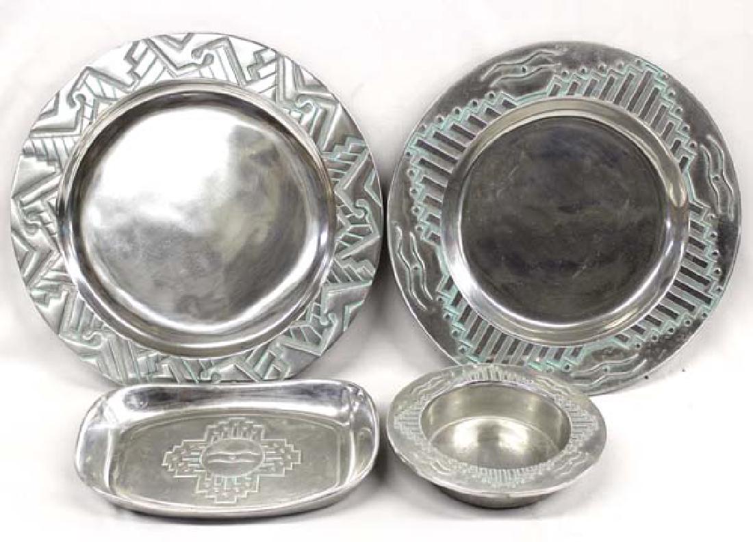 4 Wilton Co. Pewter Serving Pieces: 4 Wilton Co. Pewter Serving Pieces, includes #1 Southwest Design Wine Bottle Holder measures 7''D, hallmarked #2 Southwest Design Tray measuring 9.5'' x 6.5'', used at the La Paz Restaurant in the La