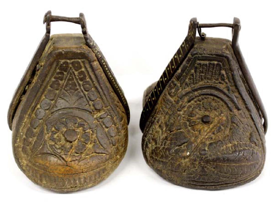 2 Antique Spanish Ornately Carved Wood & Metal Stirrups (1 of 3)