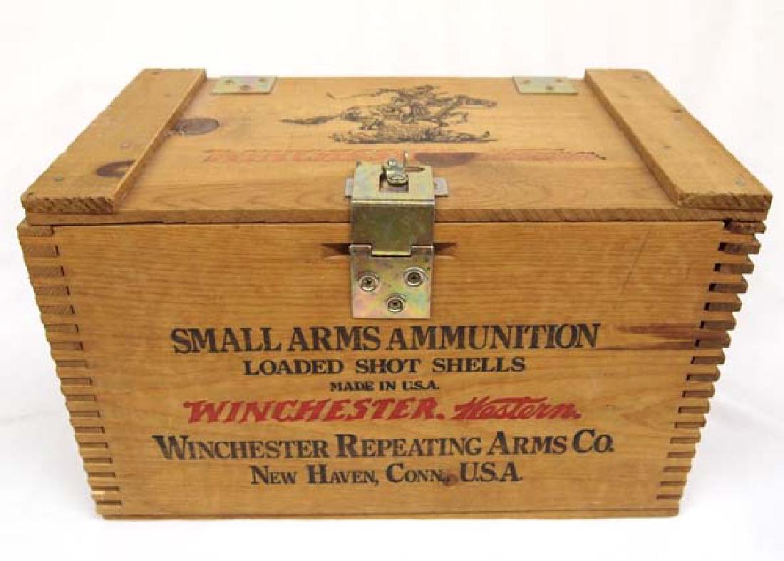 Winchester Small Arms Wood Ammunition Box: Winchester Small Arms Wood Ammunition Box, Repeating Arms Co., Super X Stynless, Pony Express Logo, measures 16'' x 9.5'' x 9.5''