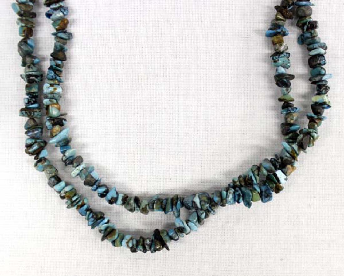Navajo Double Strand Turquoise Sterling Necklace: Native American Navajo Double Strand Turquoise Nugget Sterling Silver Hollow Bead (Choker) Necklace, measures 16''L end to end