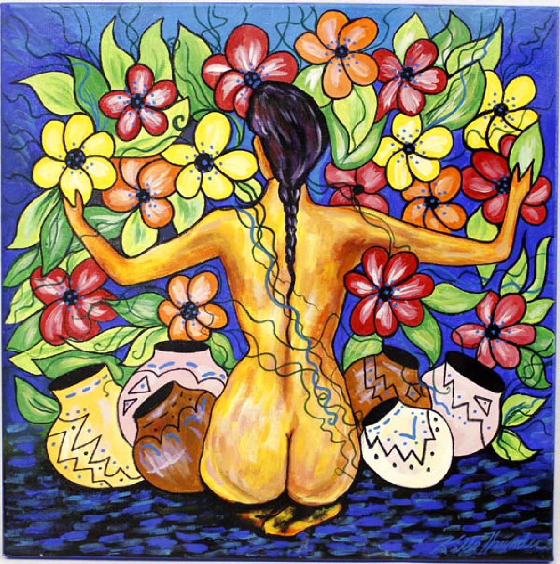Original Acrylic Painting by Kathy Kills Thunder: Original Acrylic Painting ''Gabriella'' (after Diego Rivera's Nude with Calla Lillies) by Kathy Kills Thunder, signed by artist and measures 20'' x 20'', Artist Bio: Kathleen Kills Thunder (her legal 