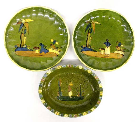 Vintage Tlaquepaque Folk Art Green Pottery Dishes