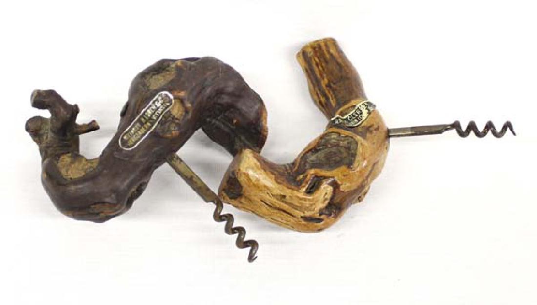 2 Vintage Wood Burl Handled Corkscrews: 2 Vintage Wood Burl Handled Corkscrews, measures 6'' x 6'', one is German and has the original metal label which reads ''Weingut Heinrich Lorch & Co. Bergzabern Weinstr.'' and the other is French and 