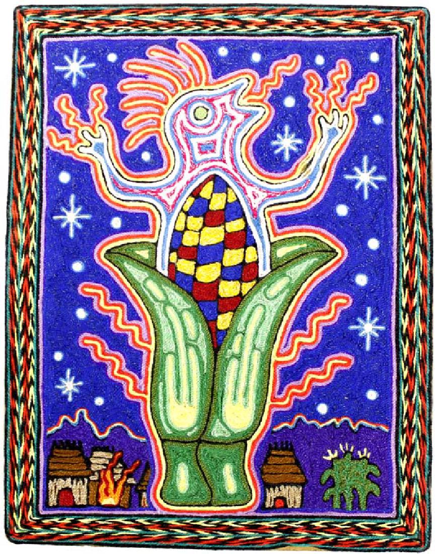 Vintage Mexican Huichol Indian Yarn Art: Vintage Mexican Huichol Indian Yarn Art, measures 9'' x 12'', wonderful imagery with creature emerging from corn, beautiful vibrant colors, FYI: ''The Huichol are Native Americans, living in the Sierr