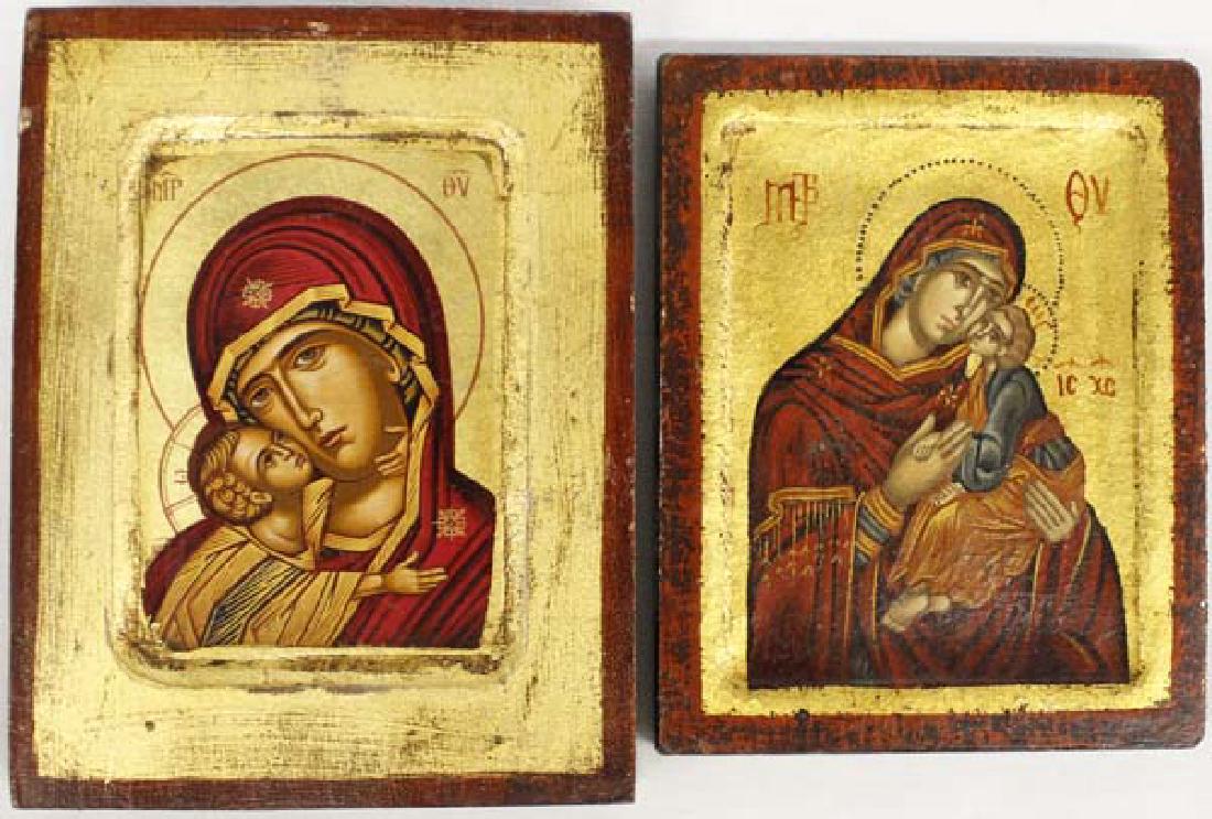 Pair of Greek Byzantine Icons: Pair of Greek Byzantine Icons, purchased in Greece by consignor, hand painted on old wood with egg tempuras and gold leaf background, measure 3.5'' x 6''