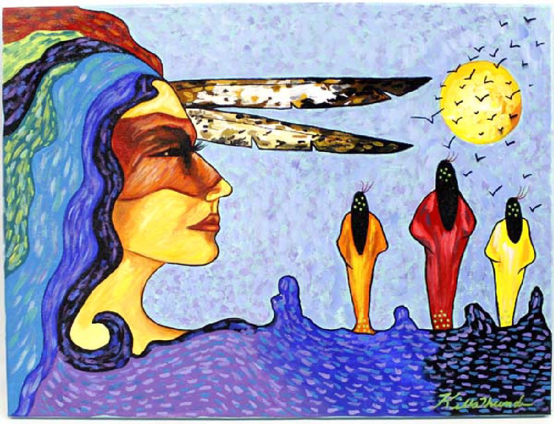 Original Acrylic Painting by Kathy Kills Thunder: Original Acrylic Painting ''Anaba'' (Navajo for She Returns From War) by Kathy Kills Thunder, measures 18'' x 24'' and is signed by the artist, Artist Bio: Kathleen Kills Thunder (her legal name) was 