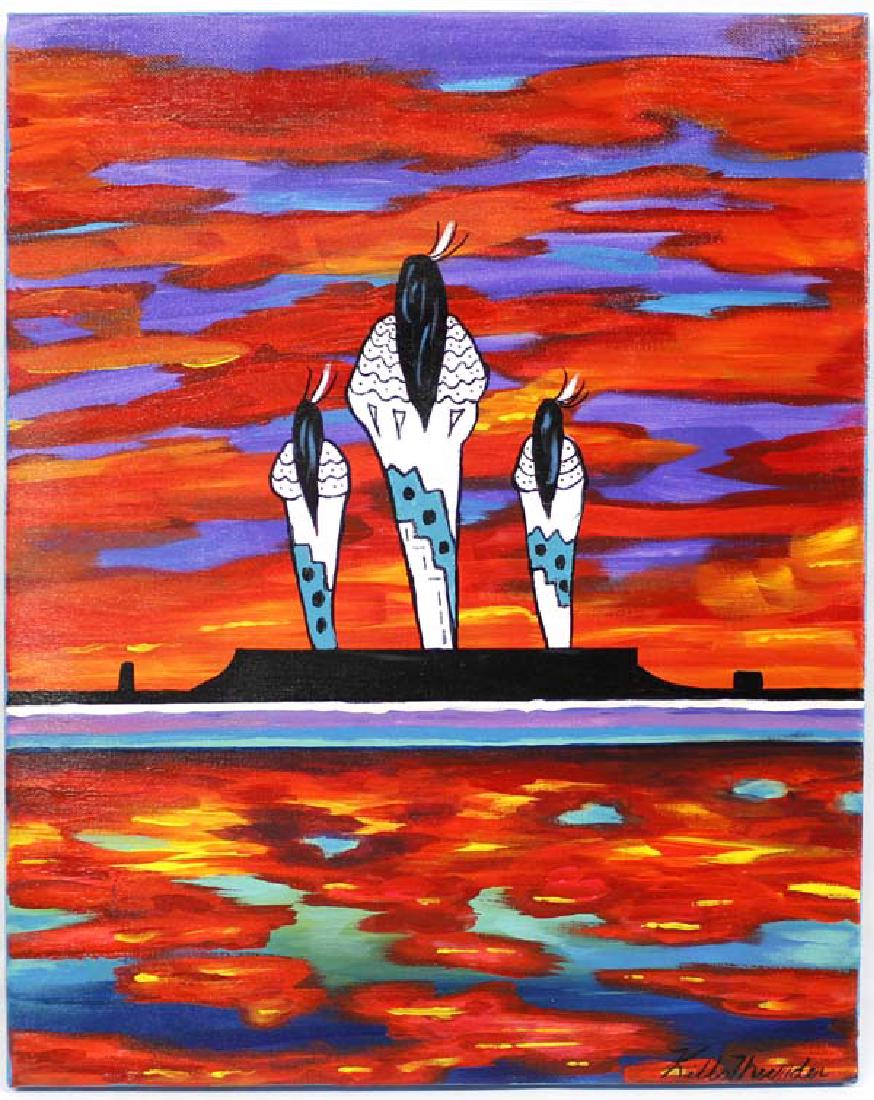 Original Acrylic Painting by Kathy Kills Thunder: Original Acrylic Painting ''Atomic Mesa'' by Kathy Kills Thunder, measures 16'' x 20'' and is signed by the artist, Artist Bio: Kathleen Kills Thunder (her legal name) was born in 1947 in Seattle, WA.