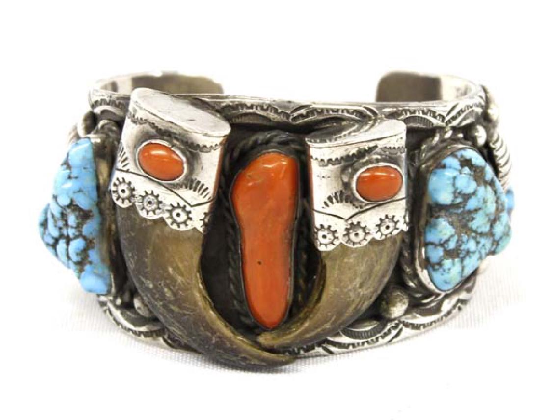 Navajo Sterling Turquoise Coral Old Pawn Bracelet (1 of 5)