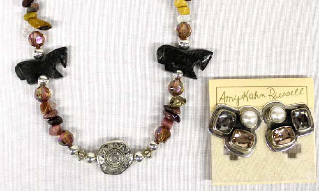 Southwestern Necklace & Amy Kahn Russell Earrings: Southwestern Necklace & Amy Kahn Russell Clip-On Earrings, #1 Amy Kahn Russell Sterling Silver and Gemstone Clip On Earrings, measure 1''L x 1''W, earrings are hallmarked and stamped .925 #2 Carved St