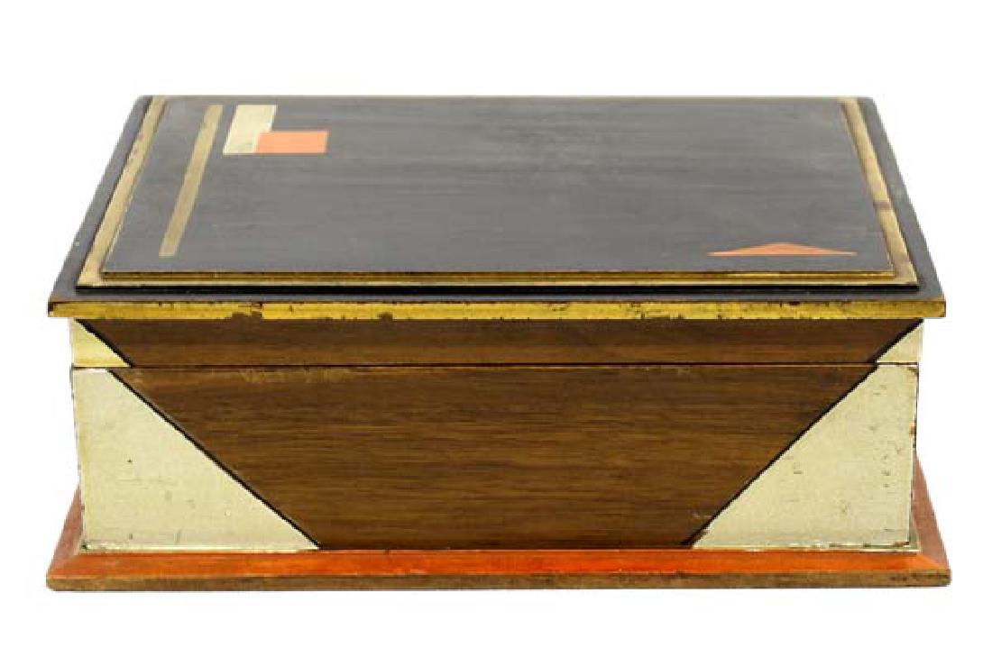 Estate Rare Art Deco Hand Painted Geometric Wood Box: Rare Art Deco Hand Painted Geometric Wood Box, measures 8.5'' x 6.25''W x 3.25''H, silver leaf gilt and ebonized, as well as hues of platinum and red, c. 1930's. From Diane Arrington Estate