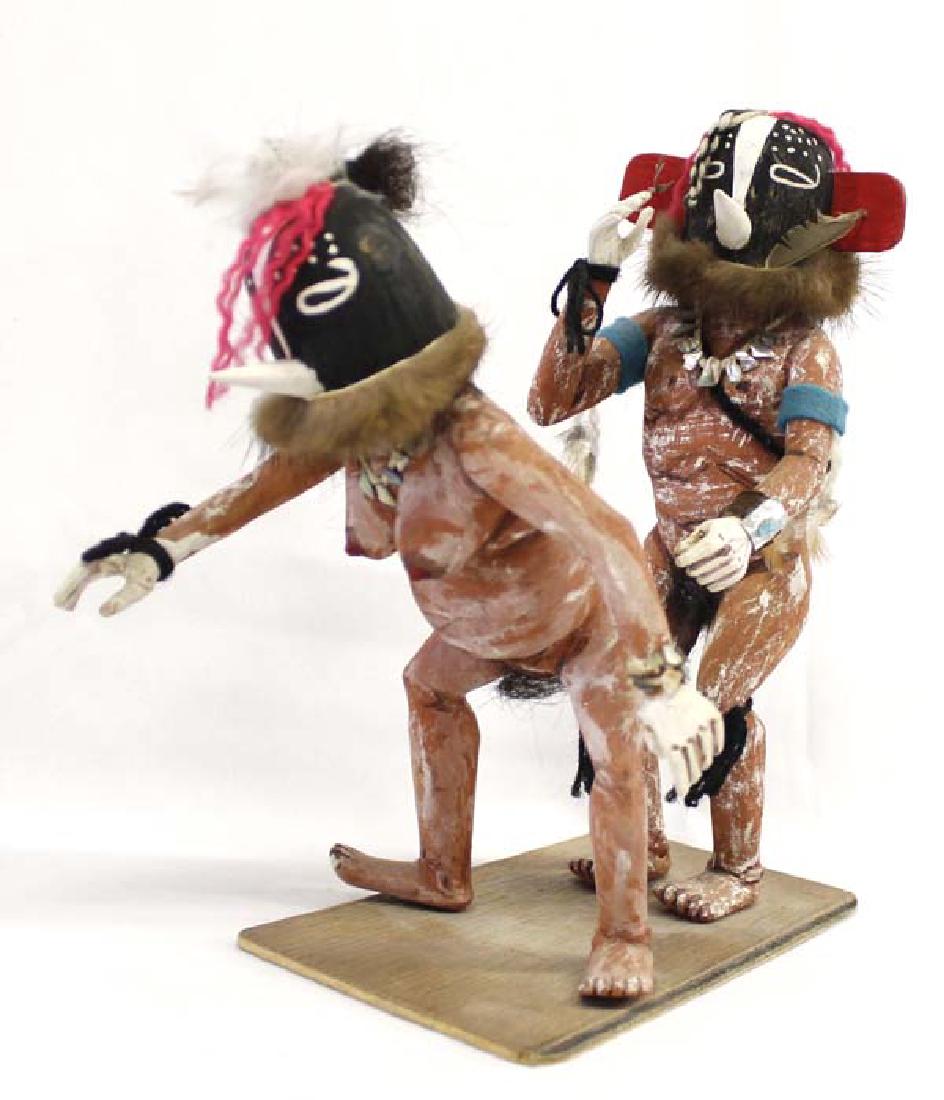 Native American Hopi Erotic Kachina by Norman Colleteta: Vintage Native American Hopi Erotic Kachina by Norman Colleteta, measures 4'' x 11'' x 8'', unsigned, embellished with yarn, felt, feathers, and fur, both are wearing abalone necklaces and the female 