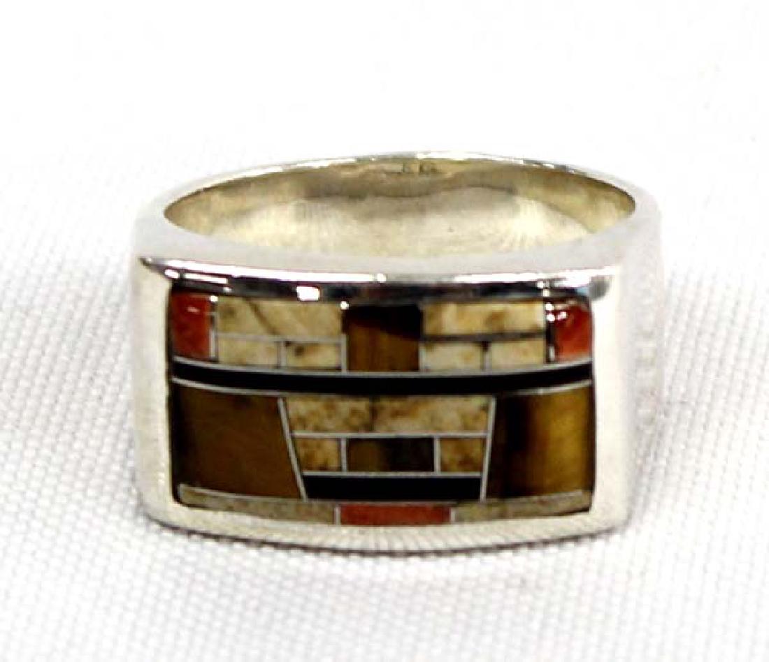 Navajo Sterling Inlay Ring, Size 11.75: Native American Navajo Sterling Micro Inlay Ring, Size 11.75, stamped sterling and hallmarked EG, inlay includes orange shell, fire agate, jet, and bone, measures .5''W