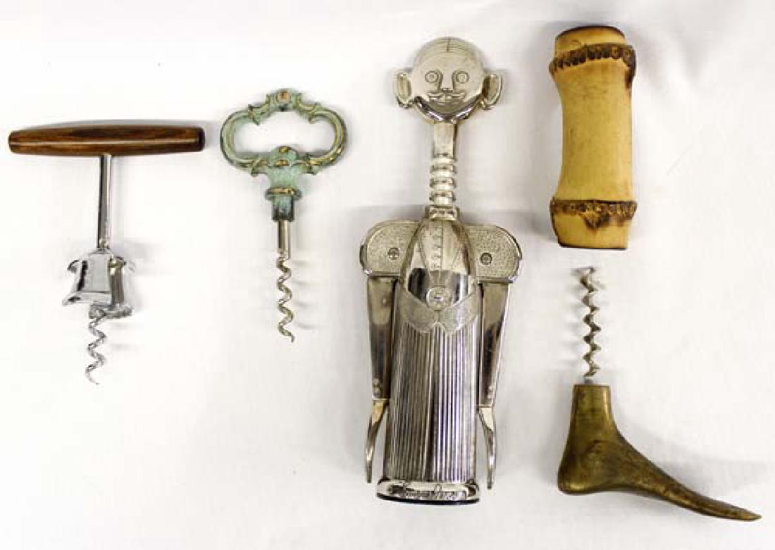 4 Wine Corkscrews: 4 Wine Corkscrews, longest measures 8.25''L, includes Silver Plate Sommelier, Austrian Carl Aubock Brass Foot with Bamboo Cover, as well as 2 other pieces