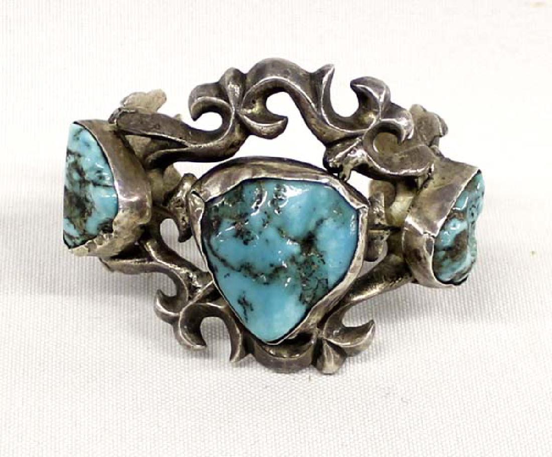 Navajo Old Pawn Silver Sandcast Turquoise Bracelet (1 of 4)