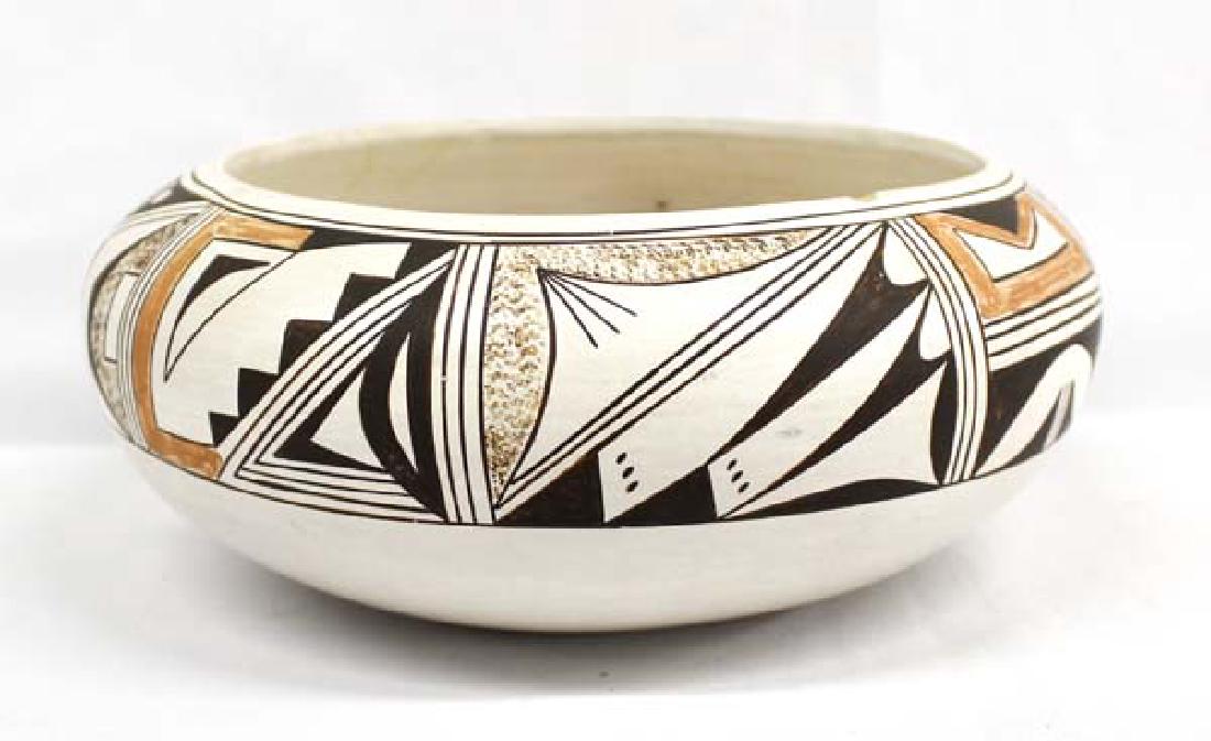Native American Hopi Pottery Bowl by E. Lomakema: Vintage Native American Hopi-Tewa Pottery Bowl by Emogene Lomakema (1901-1999), signed by artist and measures 4''H x 9.5''D, beautiful traditional designs, small nip in rim (.25'' x 1/8''), FYI: ''Emo