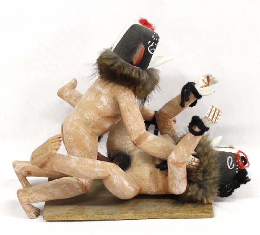 Hopi Erotic Kachina by Norman Colleteta: Hummert Estate: Vintage Native American Hopi Erotic Kachina by Norman Colleteta, toes on prone kokopelli are missing on right foot, measures 7'' x 11''