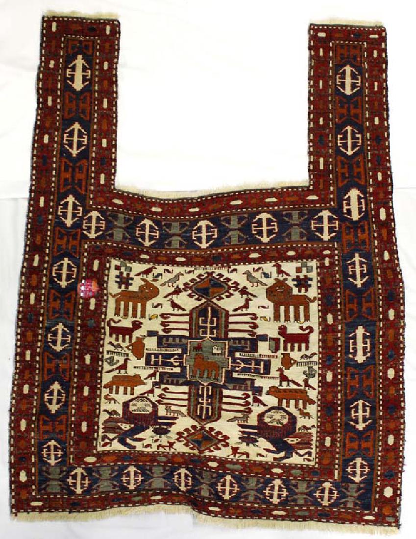 Antique Kurdish Schmahka Weave Horse Trapping: Hummert Estate: Stunning Antique Kurdish Schmahka Weave Horse Trapping, c. late 19th to early 20th Century, measures 56.5''L which includes fringe x 42''W, comes with letter of appraisal