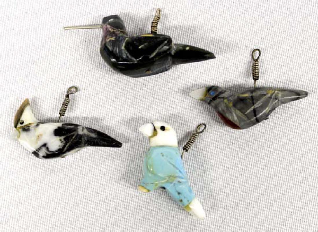 4 Carved Stone Bird Fetish Pendants by M. Mitchell: Wholesale Lot of 4 Bird Fetish Pendants by NM Artist Matt Mitchell, longest bird is the hummingbird measuring 2''L, beautiful colors