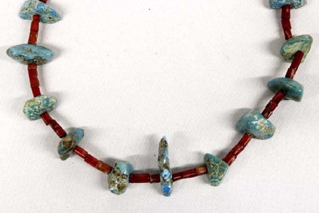 Antique Navajo Kingman Turquoise & Coral Necklace: Antique Native American Navajo Kingman Turquoise & Coral Necklace, measures 26''L end to end with largest nugget measuring 1.5''