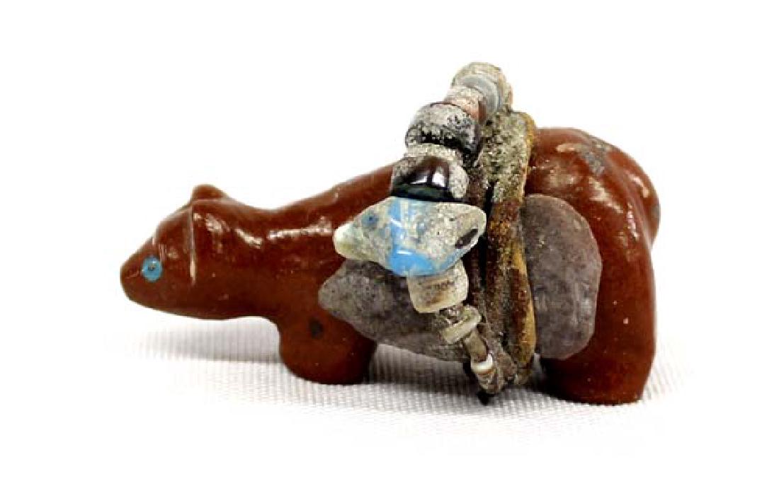 Native American Zuni Carved Pipestone Bear Fetish: Native American Zuni Carved Pipestone Bear Fetish, measures 1'' x 2'', unusual spirit pack on the side of turquoise and shell heishi, turquoise eyes