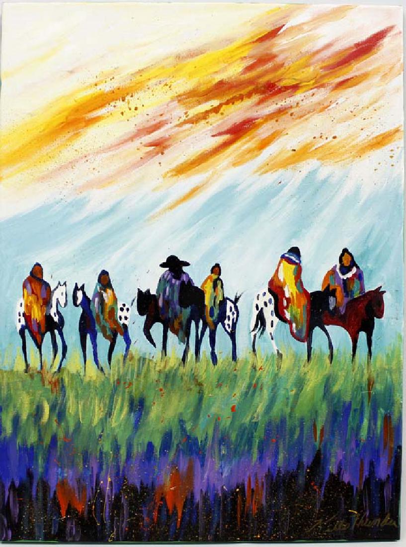 Original Acrylic Painting by Kathy Kills Thunder: Beautiful Original Acrylic Painting ''Degotoga'' (Cherokee for Standing Together) by Kathy Kills Thunder, measures 24''L x 18'', Artist Bio: Kathleen Kills Thunder (her legal name) was born in 1947 in