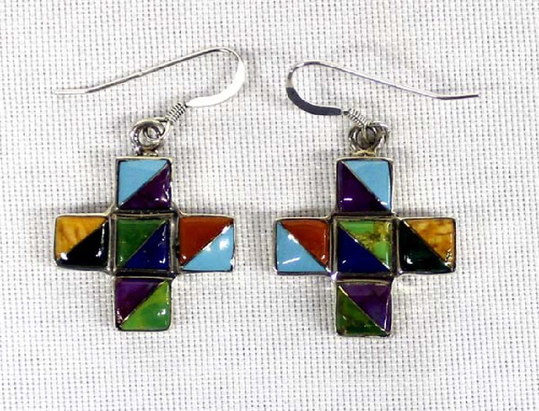 Navajo Sterling Silver Inlay Cross Earrings: Native American Navajo Sterling Silver Inlay Cross Earrings, measure 1''L, inlay includes turquoise sugilite, gaspeite, and red shell, hallmarked MD and stamped sterling
