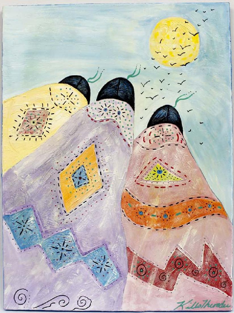Original Acrylic Painting by Kathy Kills Thunder: Original Acrylic Painting ''Hehewuti'' (Hopi for Warrior Mother Spirit) by Kathy Kills Thunder, measures 18'' x 24'' and is signed by the artist, Artist Bio: Kathleen Kills Thunder (her legal name) wa