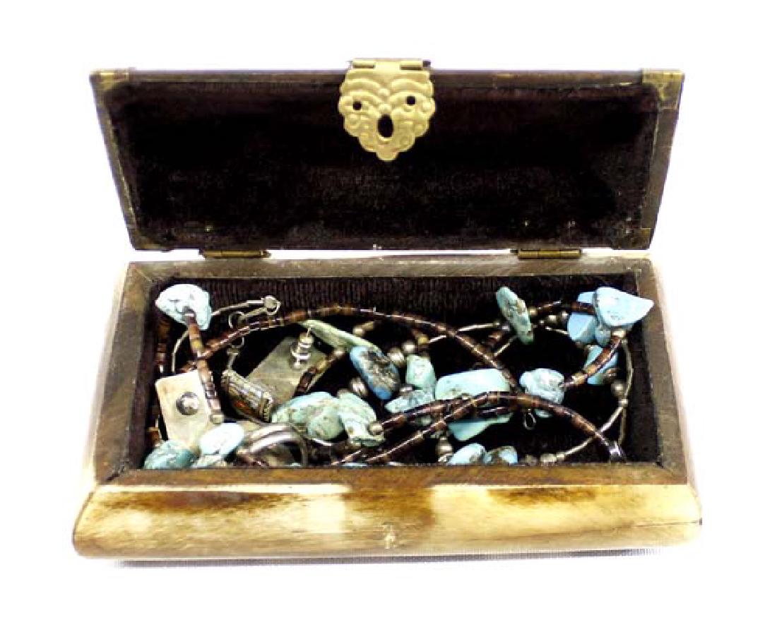 Asian Carved Bone Trinket Box and Navajo Jewelry: Asian Carved Bone Trinket Box and Native American Navajo Jewelry, brass embellishments, hinged lid, measures 5" x 3" x 1.75"H, includes Native American Navajo Turquoise Nugget and Shell Heishi Necklac