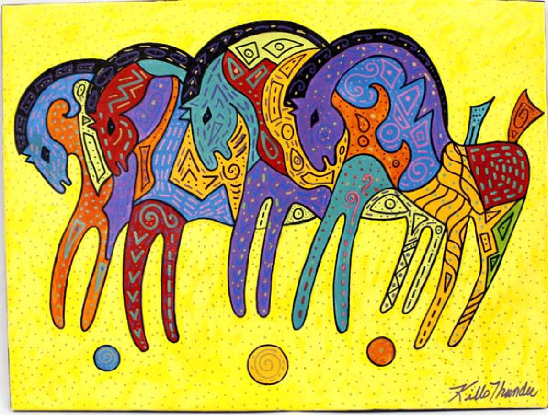 Original Acrylic Painting by Kathy Kills Thunder: Original Acrylic Painting "Gosheven" (Great Leaper) by Kathy Kills Thunder, measures 18'' x 24'', abstract horses, Artist Bio: Kathleen Kills Thunder (her legal name) was born in 1947 in Seattle, WA. 