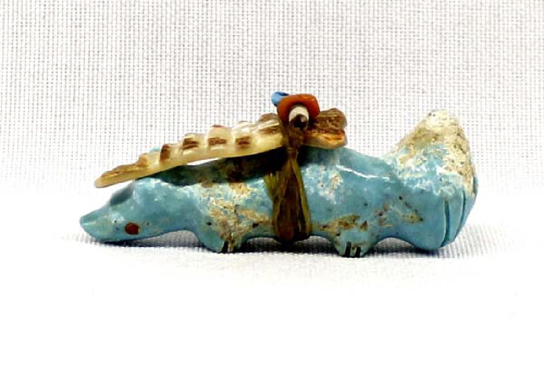 Zuni Carved Turquoise Fox Fetish by Leki & Gasper: Native American Zuni Carved Turquoise Fox Fetish by Leki & Gasper, measures 2''L x 1''H x .5''Deep, red shell--heishi--coral--turquoise spirit pack, coral eyes