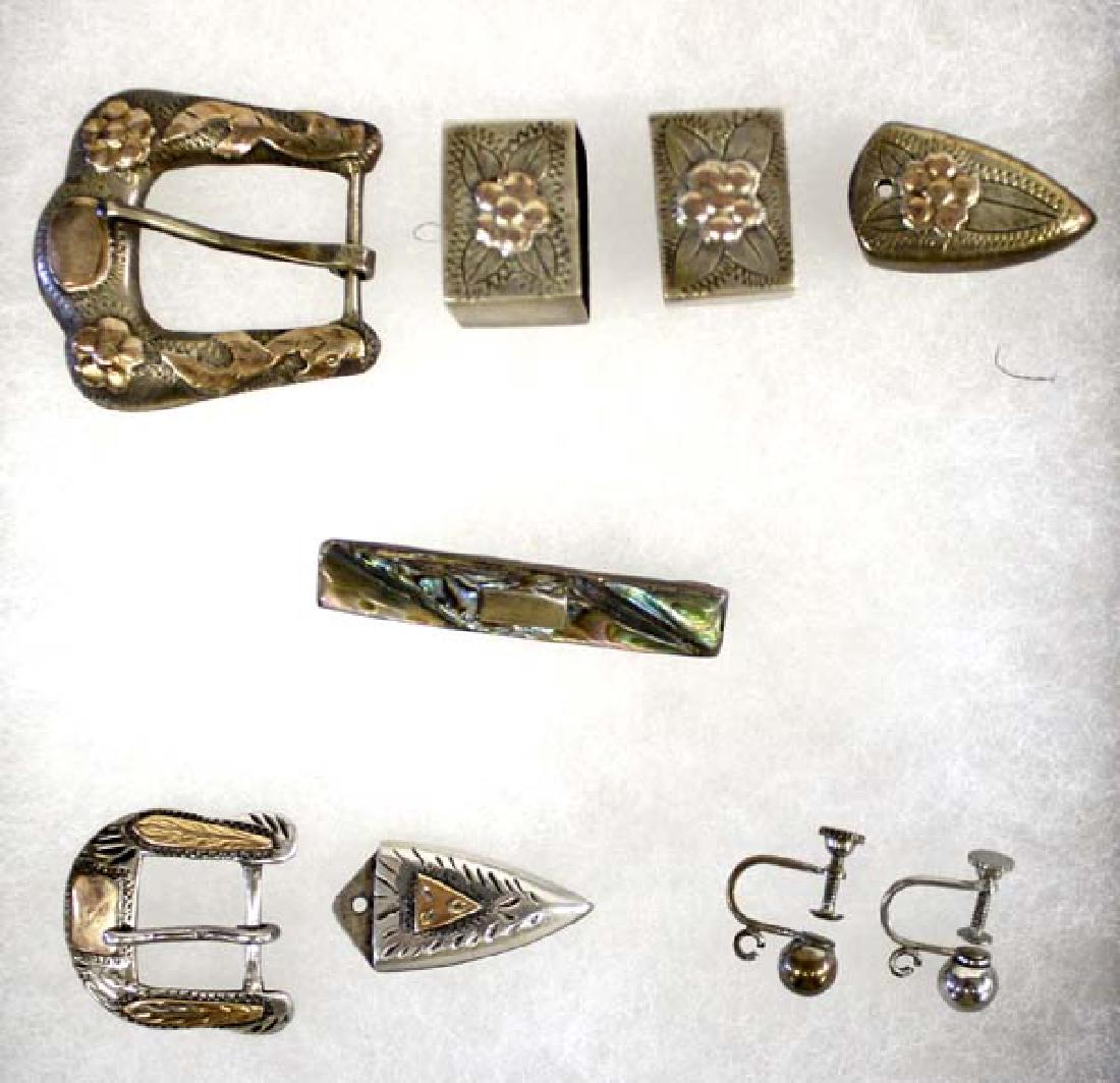 Ranger Buckles, Tie Clip, and Screwback Earrings: Ranger Buckles, Tie Clip, and Screwback Earrings, #1 10K Gold on Sterling Ranger Buckle, buckle alone measures 1.5'' x 1.25'' and is marked, flower and leaf motif #2 10K Gold on Sterling Buckle, buckl
