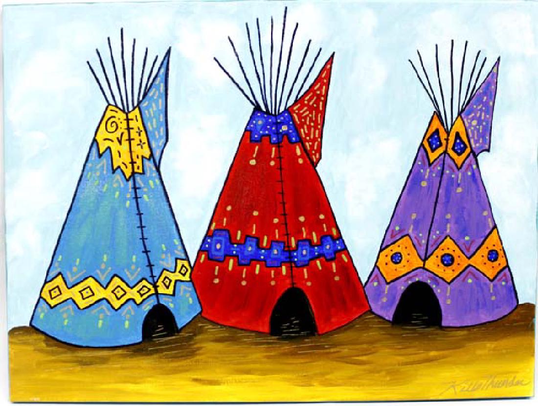 Original Acrylic Painting by Kathy Kills Thunder: Original Acrylic Painting ''Atepa'' (Choctaw for Wigwam) by Kathy Kills Thunder, measures 18'' x 24'' and is signed by the artist, Artist Bio: Kathleen Kills Thunder (her legal name) was born in 1947 