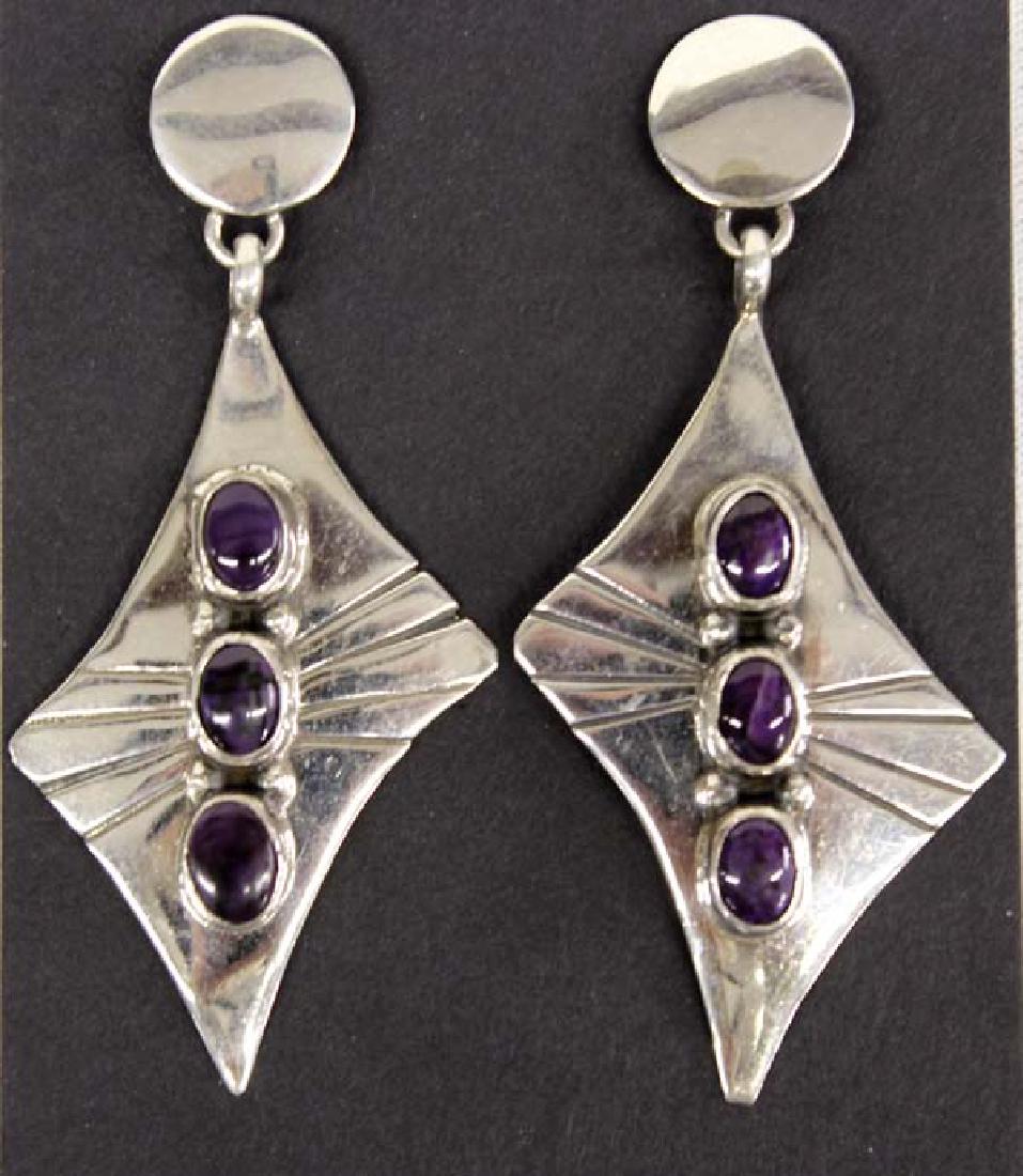 Navajo Sterling Silver & Sugilite Earrings: Native American Navajo Sterling Silver & Sugilite Earrings, measure 3.5''L, stamped sterling