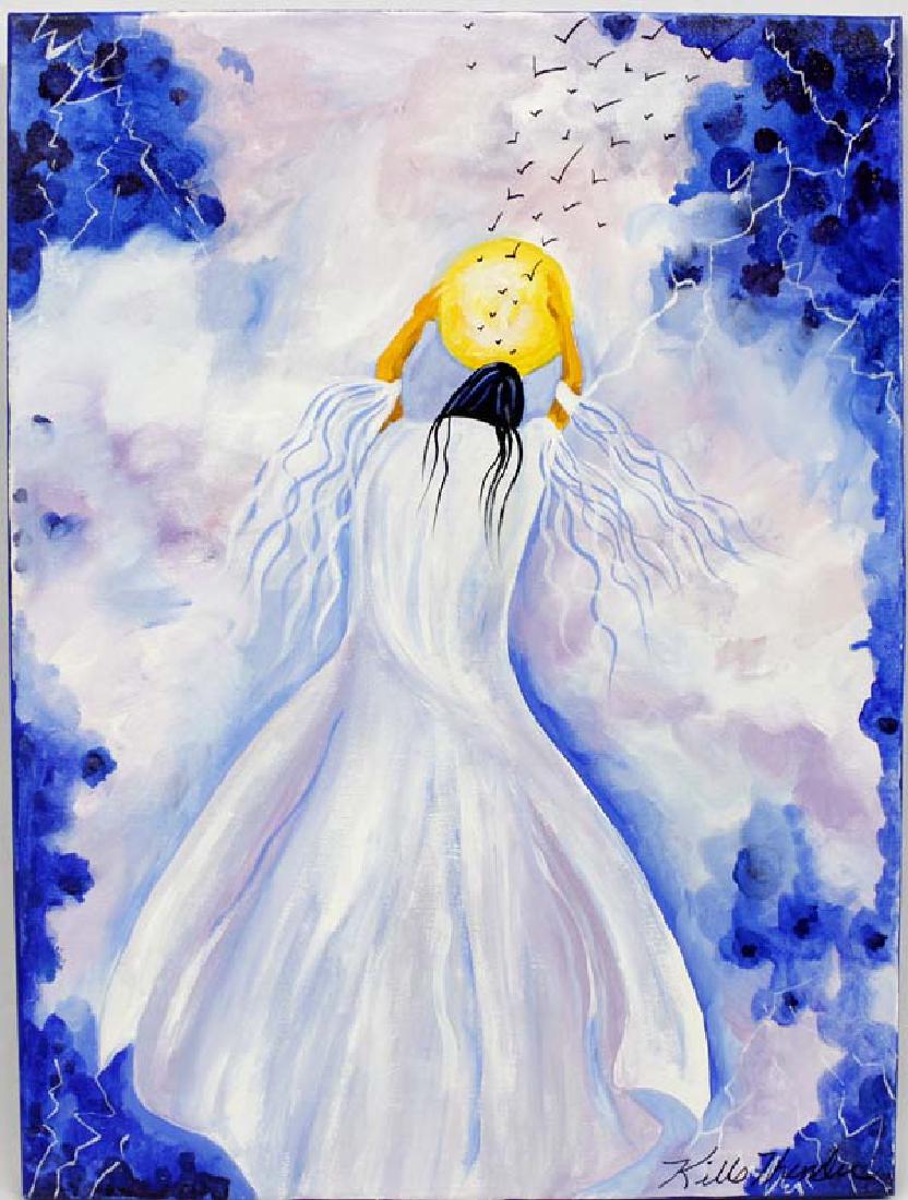 Original Acrylic Painting by Kathy Kills Thunder: Original Acrylic Painting ''Awendela'' (Morning) by Kathy Kills Thunder, measures 18'' x 24'' and is signed by artist, Artist Bio: Kathleen Kills Thunder (her legal name) was born in 1947 in Seattle, 