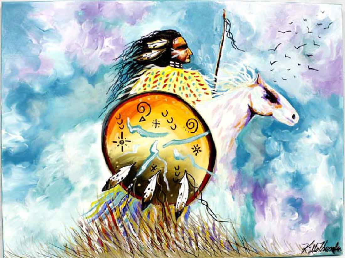 Original Acrylic Painting by Kathy Kills Thunder: 2017 Original Acrylic Painting ''Chevayo'' (Hopi for Spirit Warrior) by Kathy Kills Thunder, signed by the artist and measures 18'' x 24'', Artist Bio: Kathleen Kills Thunder (her legal name) was born