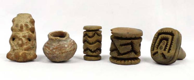 5 PreColumbian Pottery Artifacts: 5 PreColumbian Pottery Artifacts, #1 Stamp measures 2'' x 2'' x 1'' #2 Effigy Doll measures 1.5''H #3 Bowl measures 1.5'' x 1.5'' #4 Two Mini Pedestals, measures 1.5'' x 1.5''