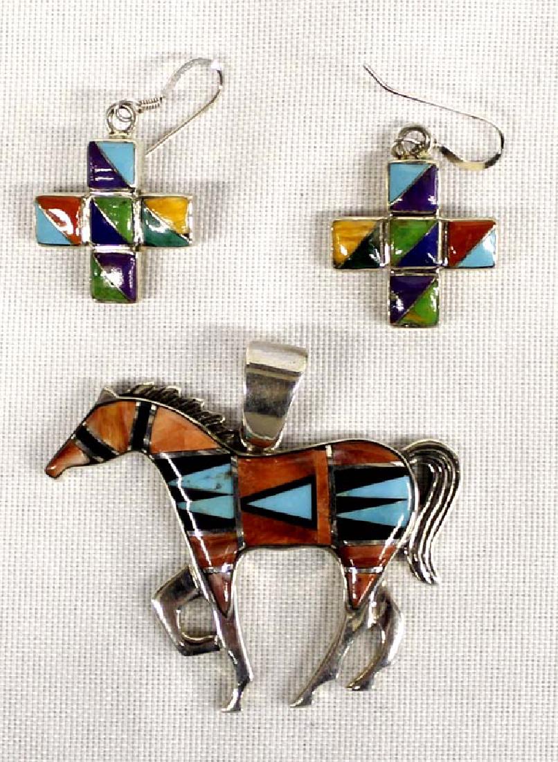Southwestern Sterling Horse Pendant & Earrings: Southwestern Sterling Horse Pendant & Cross Earrings, includes 1. Sterling Silver Turquoise, Jet, and Red Shell Horse Pendant, measures 1 5/8''L x 1 7/8''W and is stamped sterling 2. Sterling Silver T