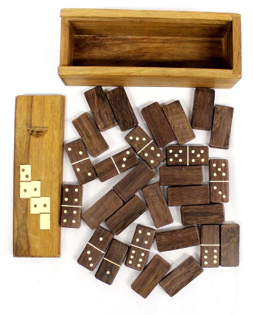 Hand Crafted Wood Box with Carved Bone Dominoes: Hand Crafted Wood Box with Carved Wood and Bone Dominoes, box measures 6.25'' x 2.25'' x 1 7/8''H
